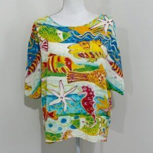 Jams World Creatures of The Sea Cold Shoulder Top Tropical Hawaiian Rayon XS